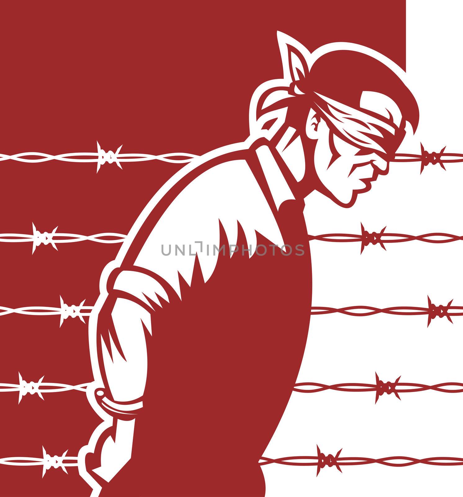 illustration of a Prisoner blindfolded and hands tied with barbed wire in background
