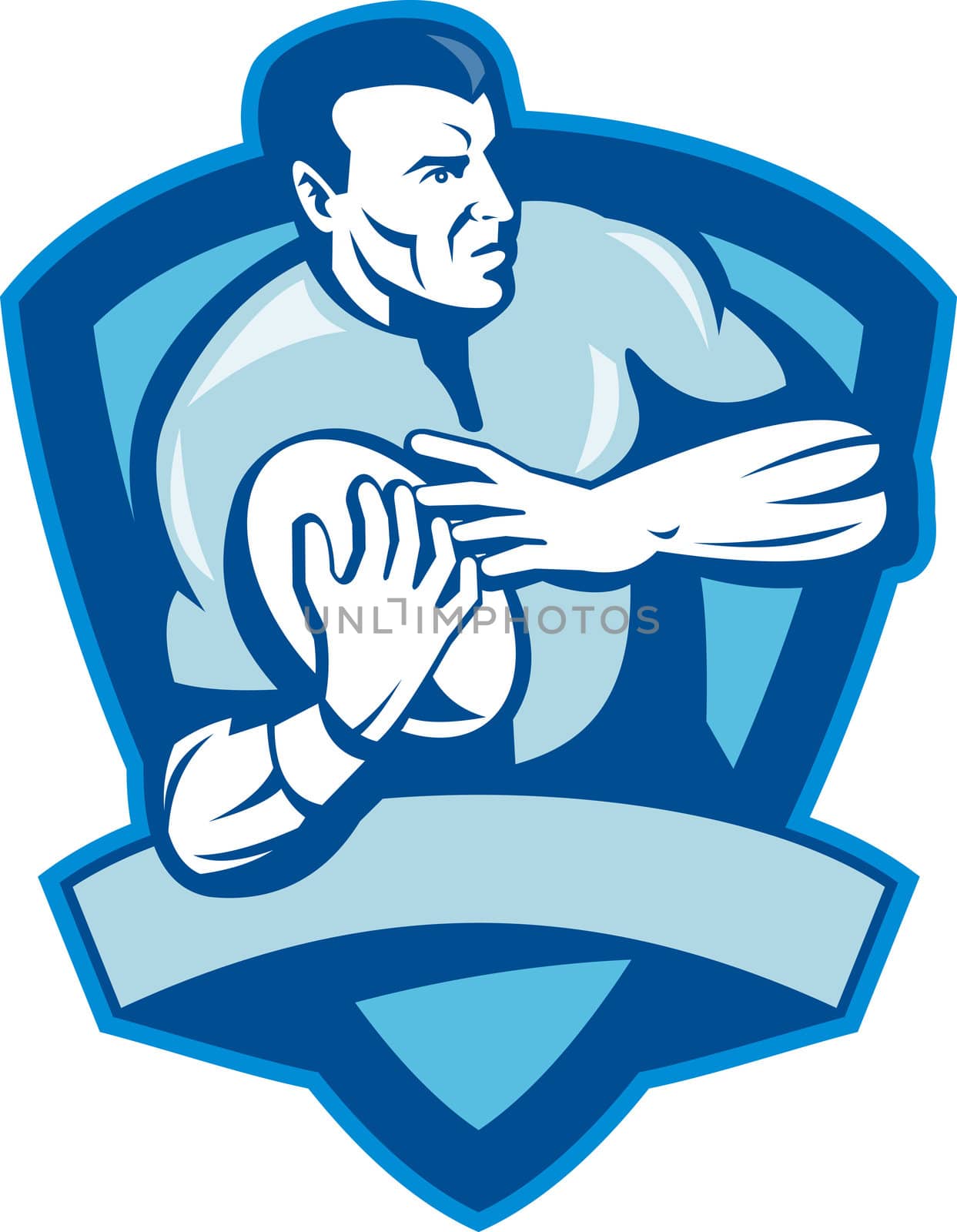 illustration of a Rugby player running with ball with shield in the background