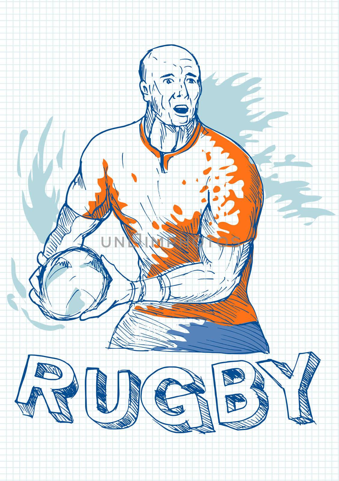 illustration of a hand sketch 
Rugby player running and passing ball with grid in the background.