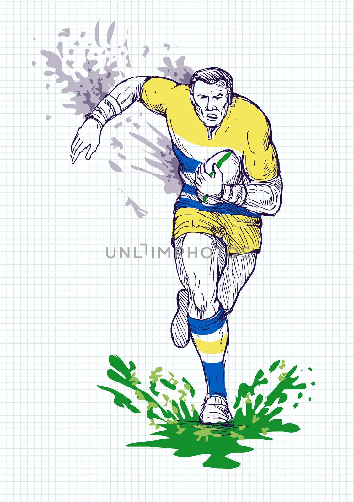 illustration of a hand sketch 
Rugby player running and passing ball with grid in the background.