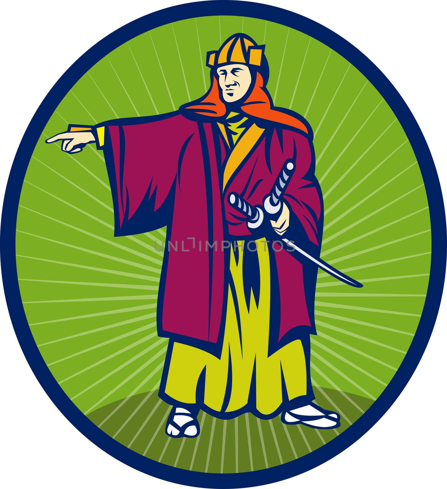 illustration of a Samurai warrior with katana sword pointing to side set inside an oval.