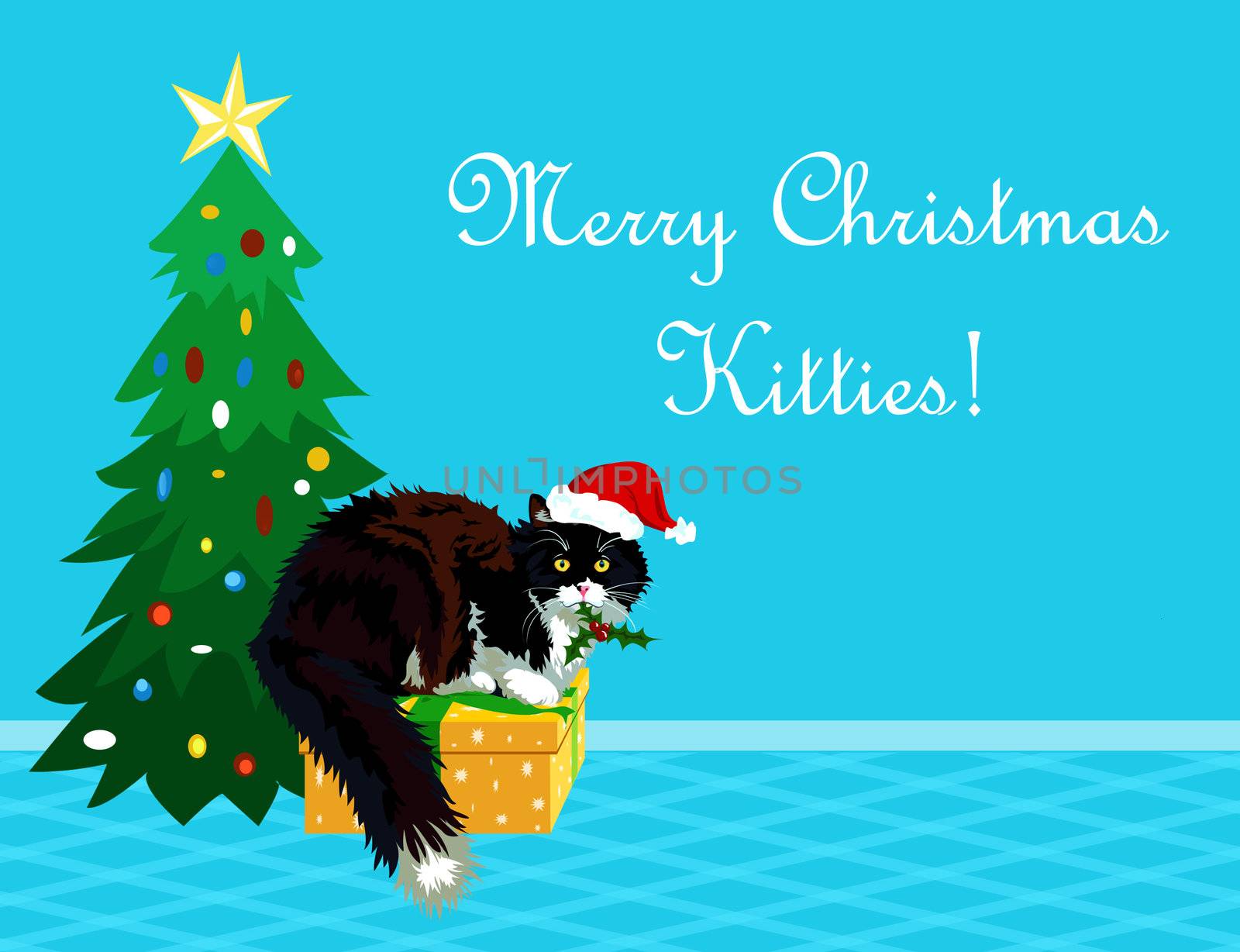 Christmas theme realistic calico cat with mistletoe in its mouth wishing a Merry Christmas to all the kitties. Funny cartoon making perfect greeting card.