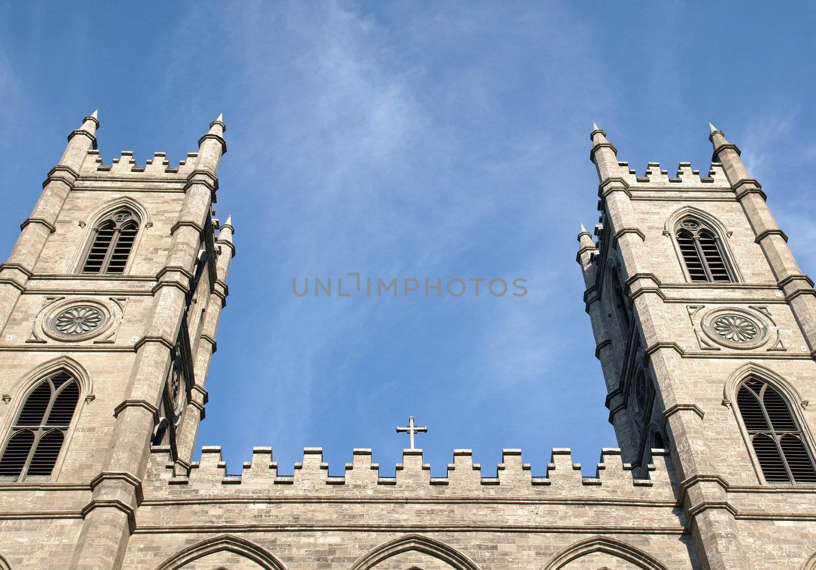 Church bell towers crucifix and sky by Mirage3