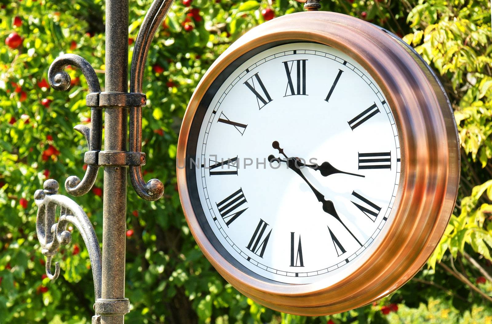 Great copper outdoor clock reminding us it is time to pick up those gorgeous ripe red apple in the tree behind.
