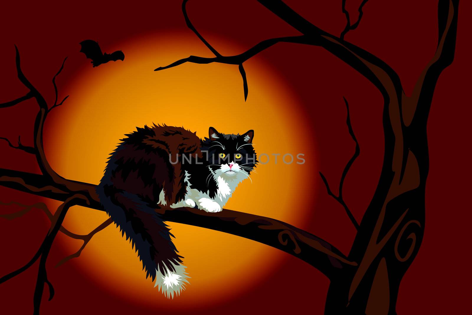 Halloween realistic calico black and white cat on a large branch up a tree looking at you. Scary.