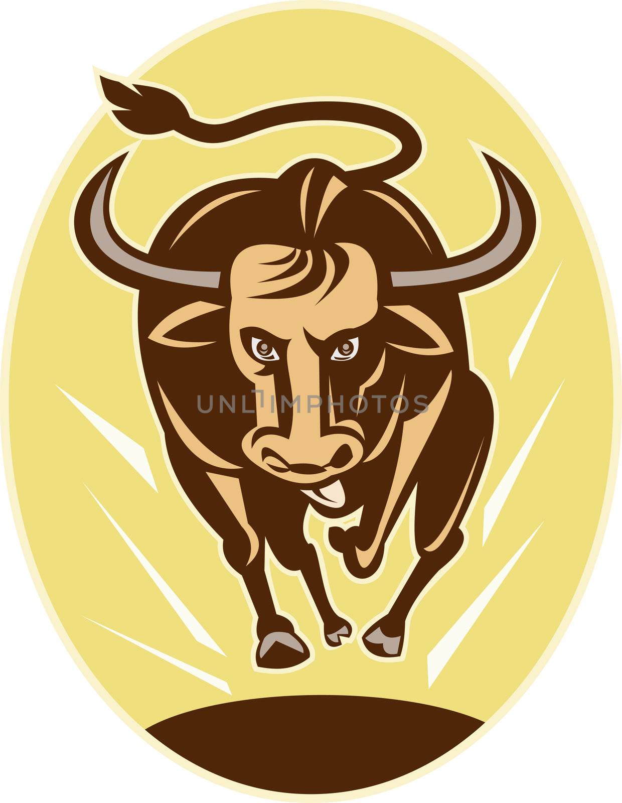  illustration of a Raging texas longhorn bull charging toward you