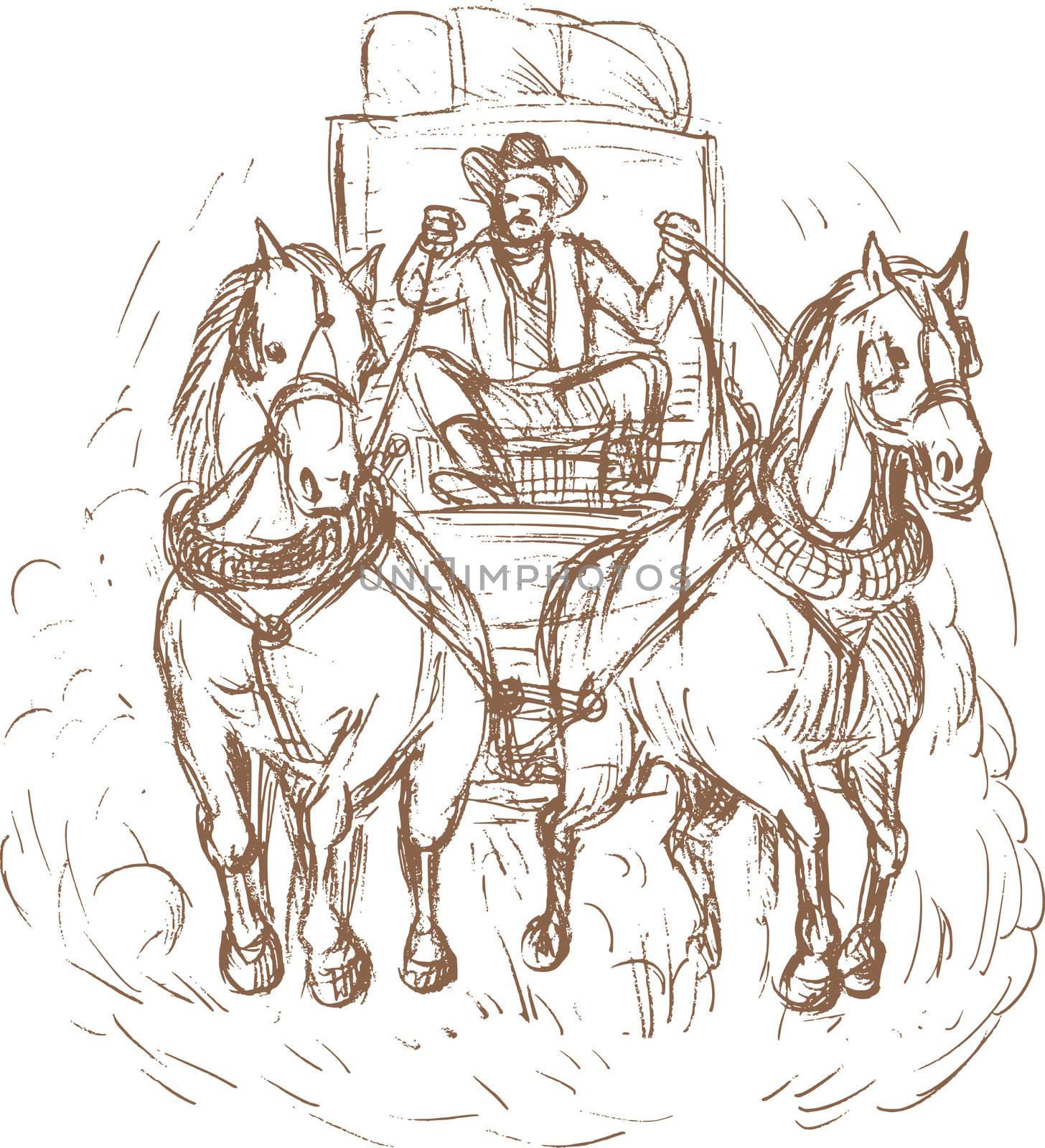hand drawn illustration of a Cowboy stagecoach driver and horses front view isolated on white.