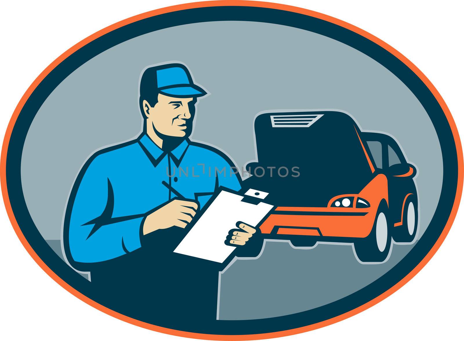 illustration of a Automobile car repair mechanic with clipboard set inside an oval.