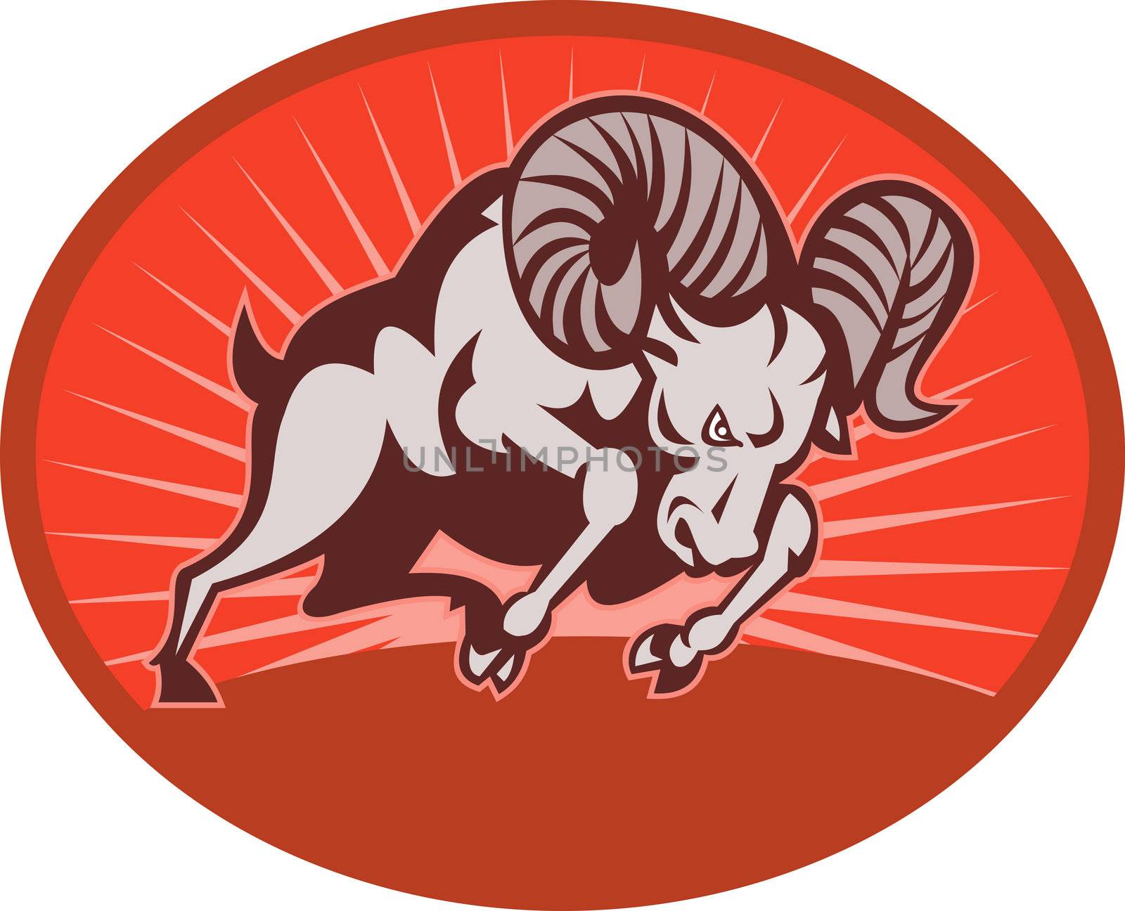 illustration of a Bighorn sheep or ram attacking with sunburst in the background set inside an oval.