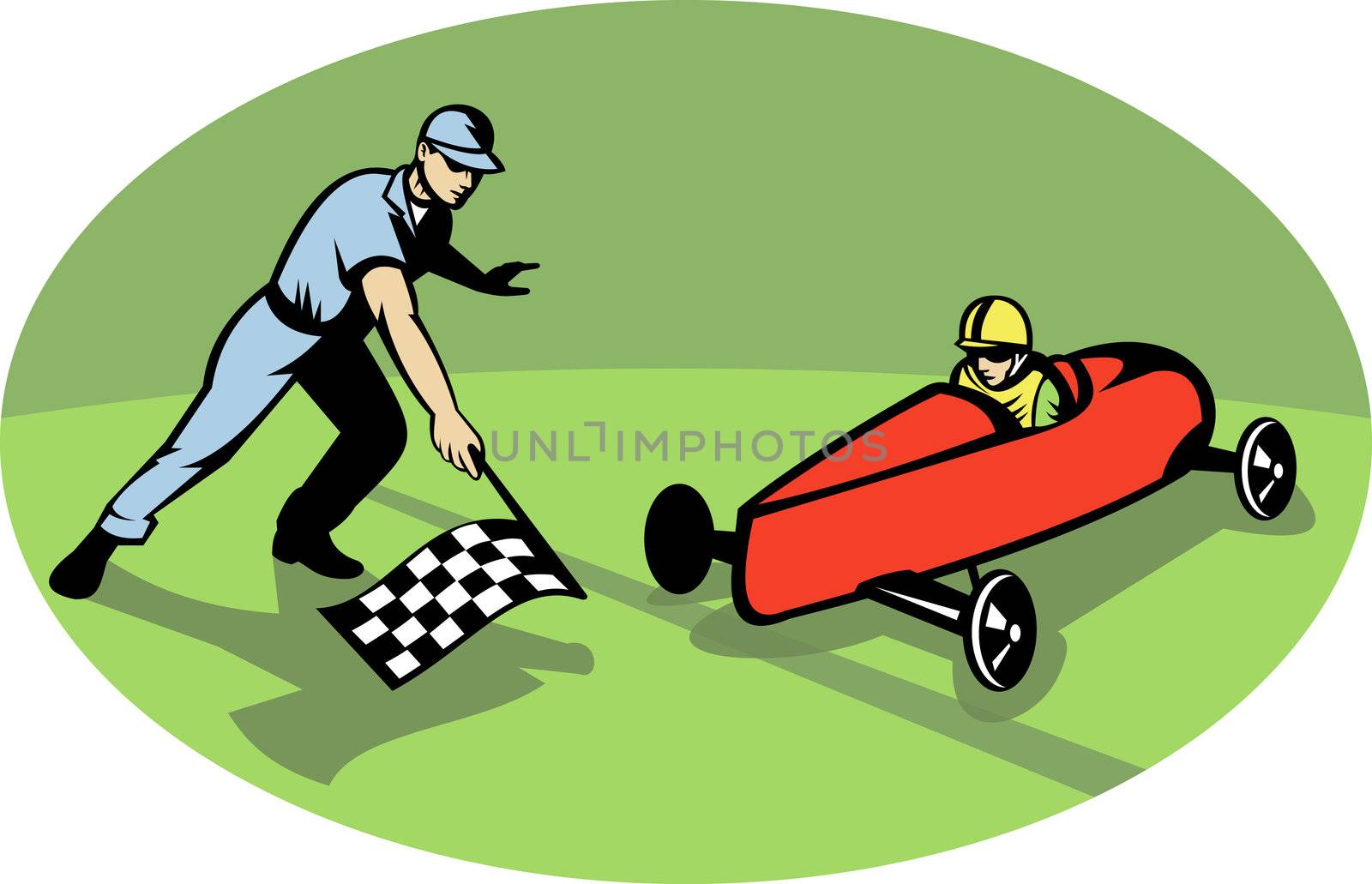 illustration of a Soap box derby racing winning finish line with man waving checkered flag.
