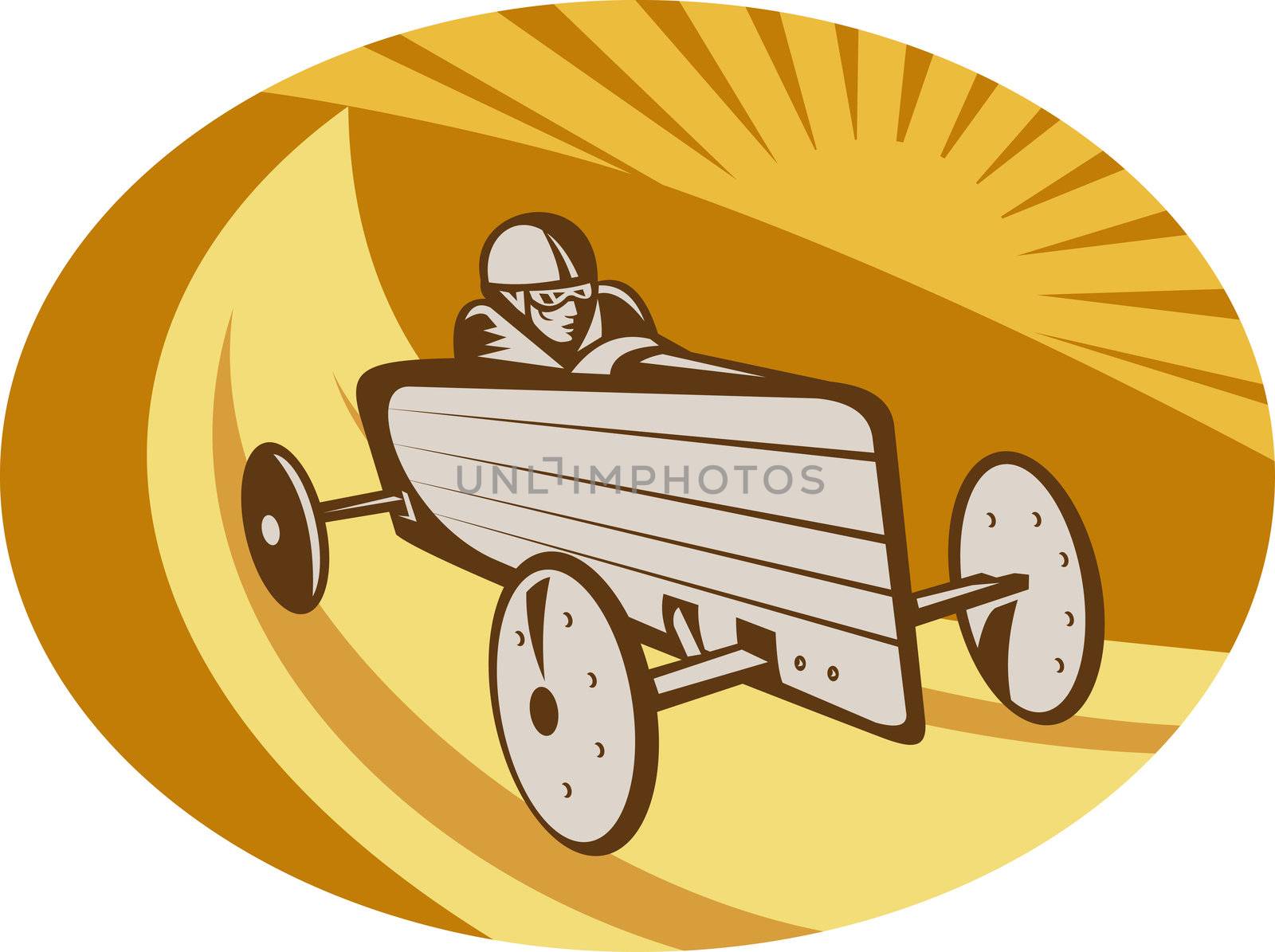 illustration of a Soap box derby car racing with sunburst in the background.