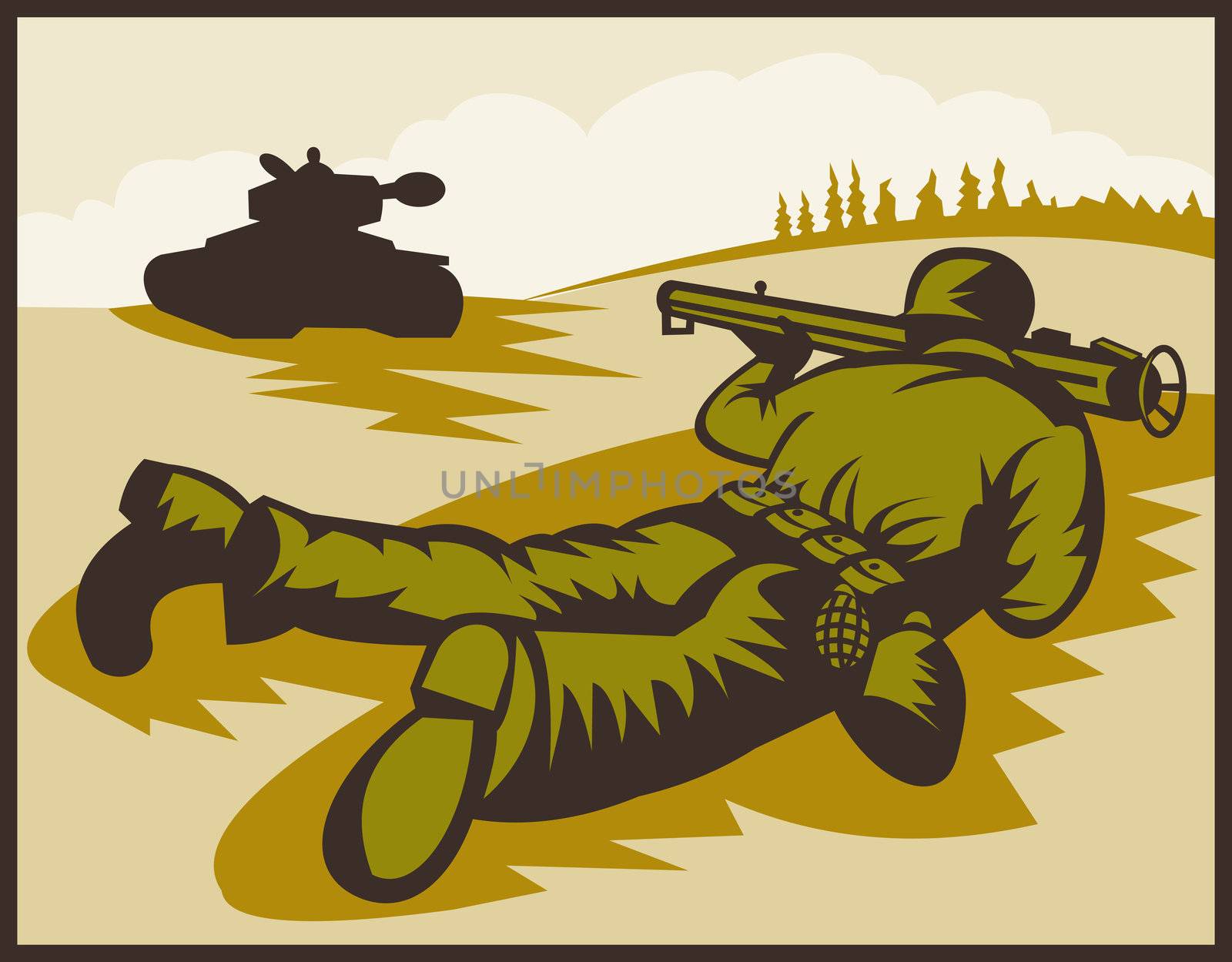  illustration of a World two soldier aiming bazooka at battle tank.