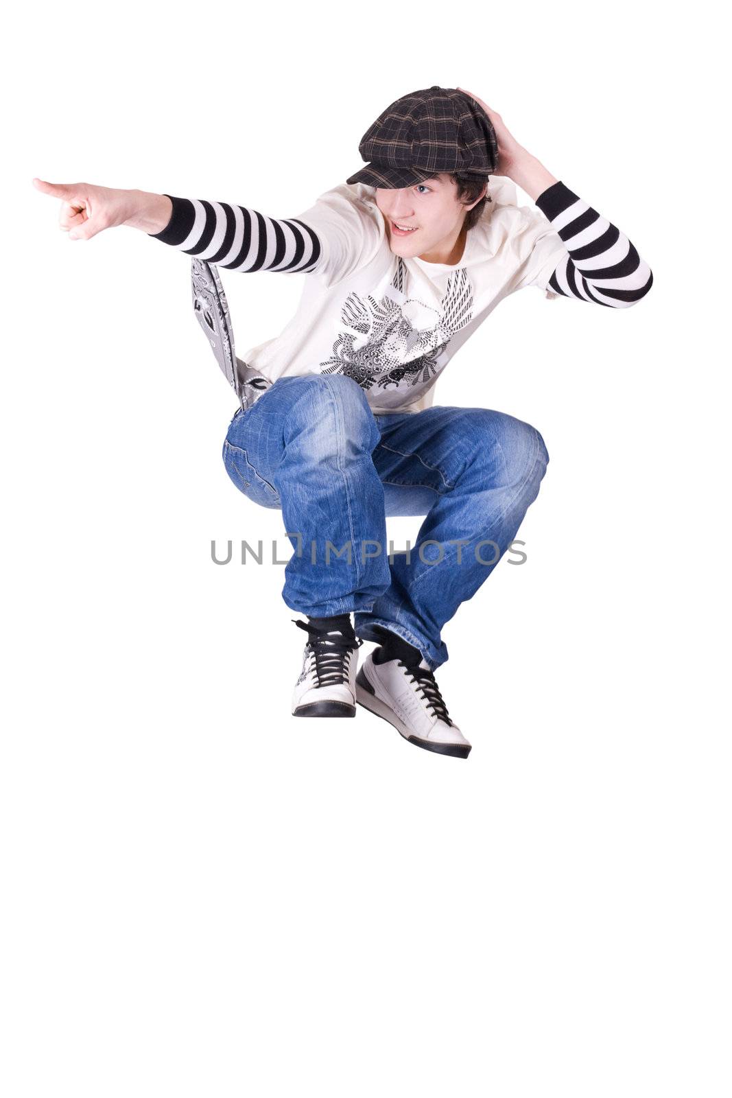 Teenage boy jumping and dancing Locking or Hip-hop dance over isolated background
