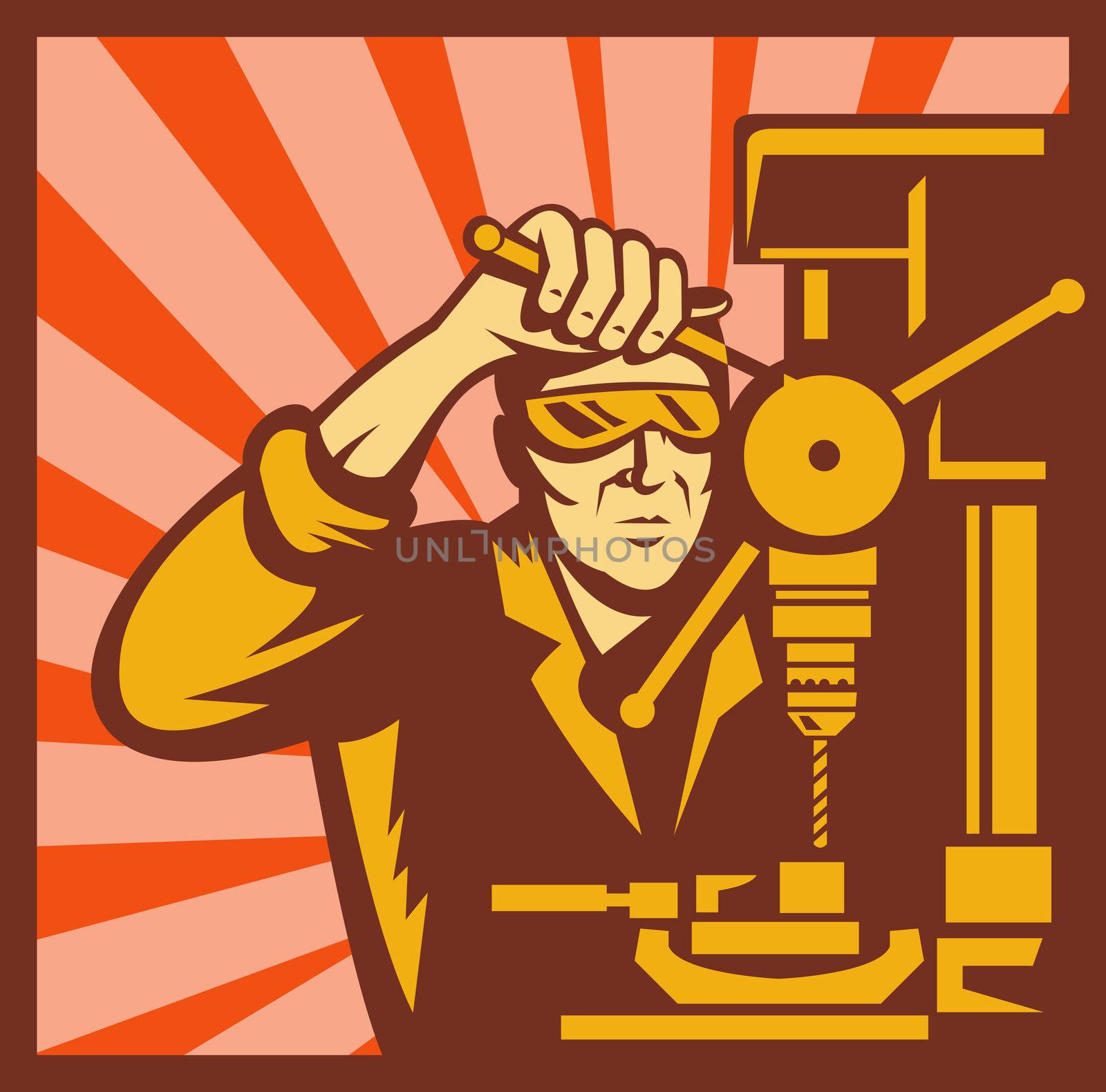 illustration of a Male trade worker operating a bench drill with sunburst in back set inside a square shape.