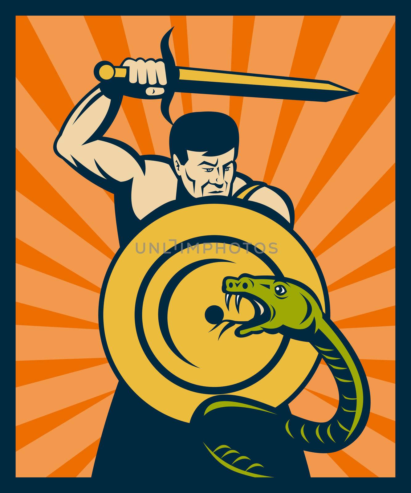 illustration of a Warrior with sword and shield striking a snake or serpent with sunburst in background