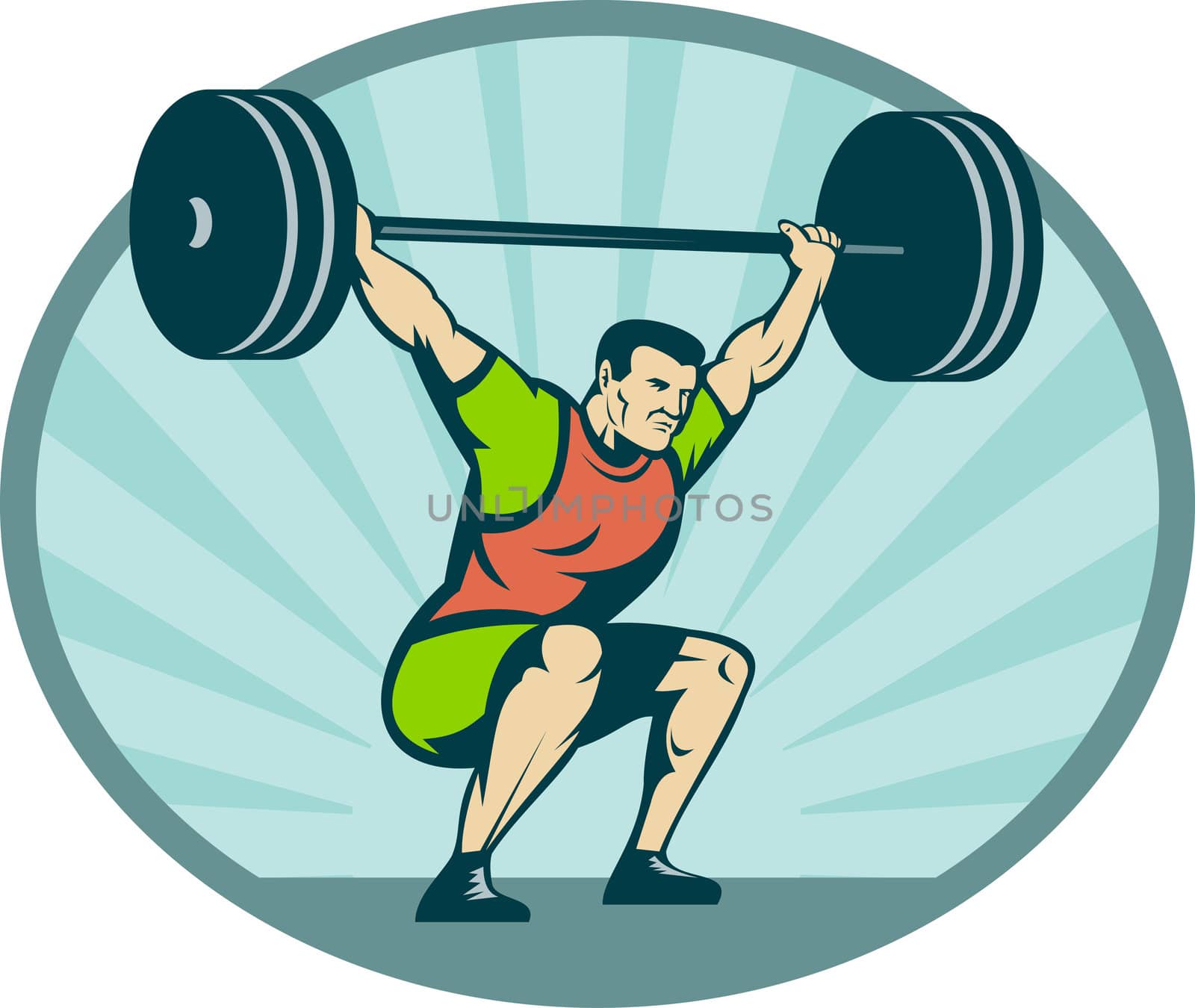 illustration of a Weightlifter lifting heavy weights with sunburst in background.
