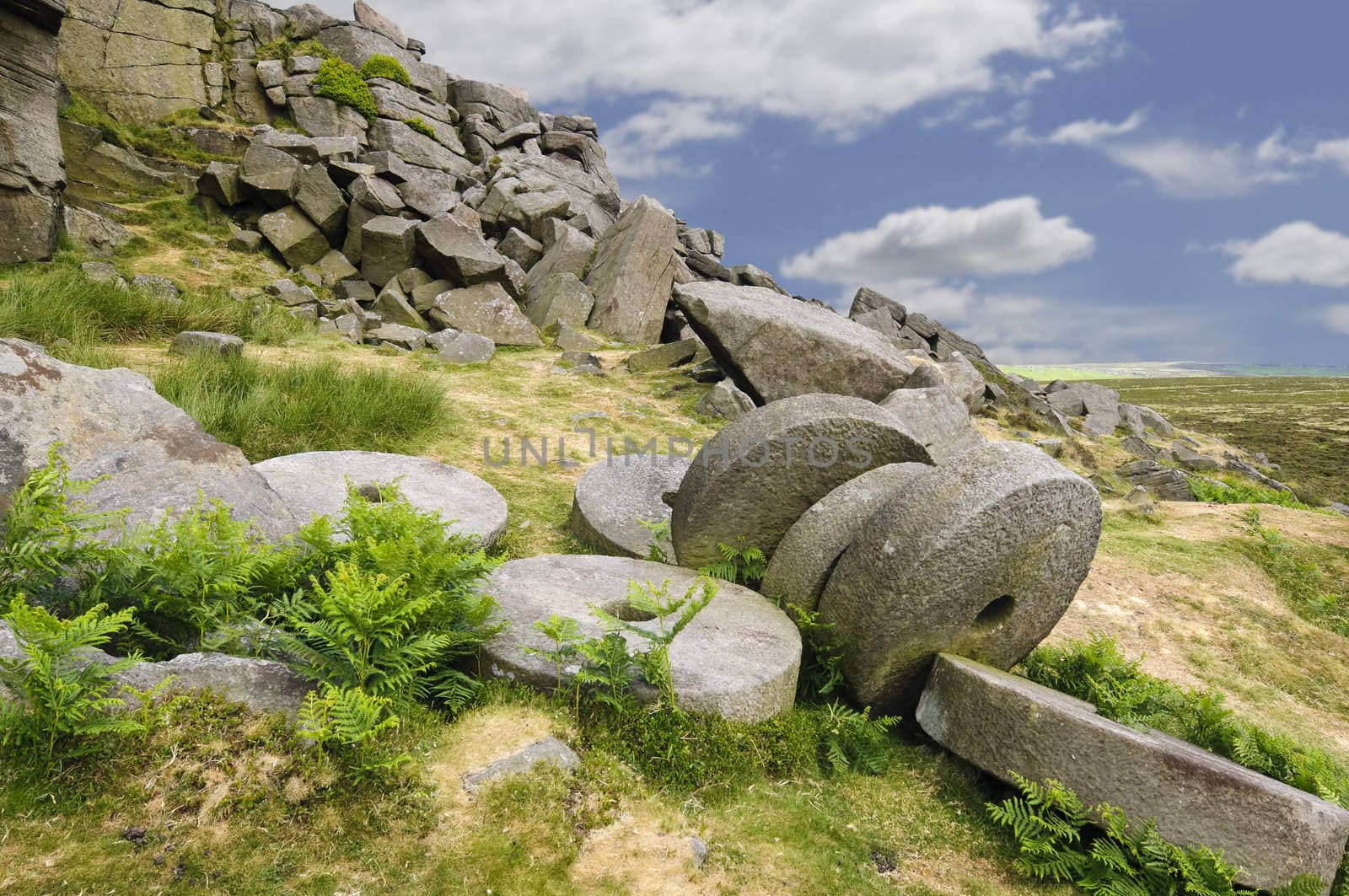 View from Stanage Edge on Hathersage Moor in Peak District National Park Derbyshire England