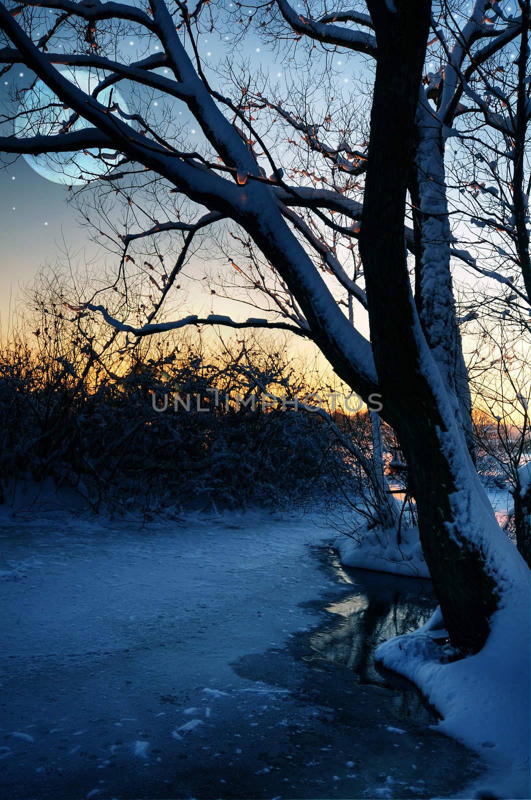 Winter dusk by a frozen river with moon and stars