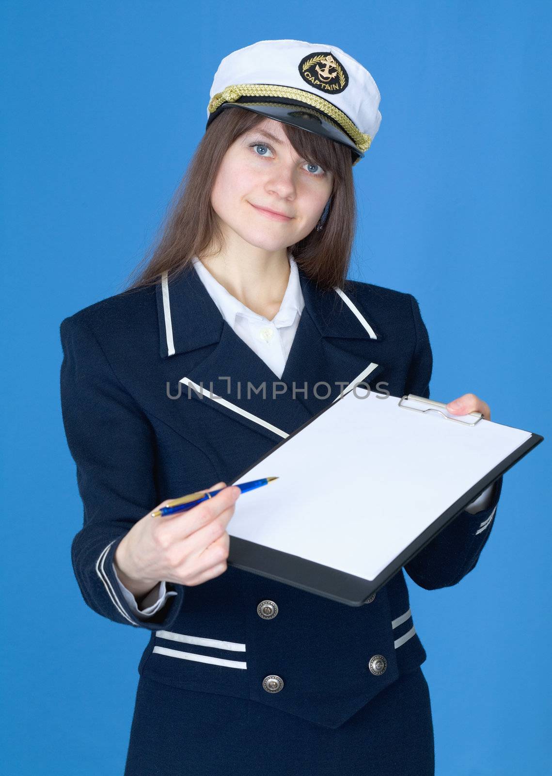 Woman in sea uniform with tablet and pen on blue
