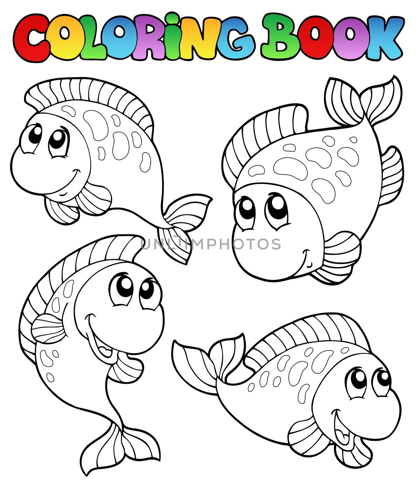 Coloring book with four fishes - vector illustration.