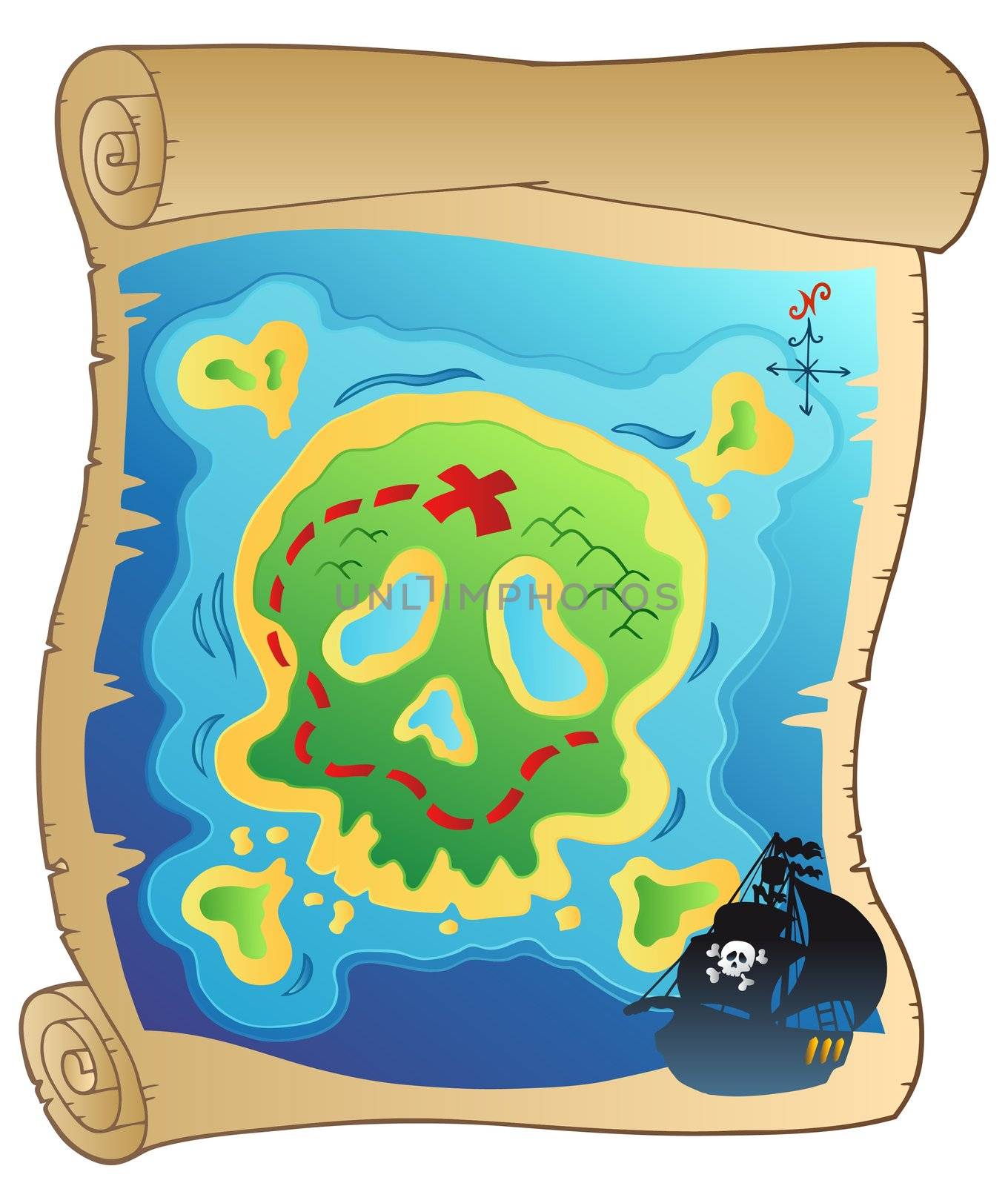 Old parchment with pirate map - vector illustration.