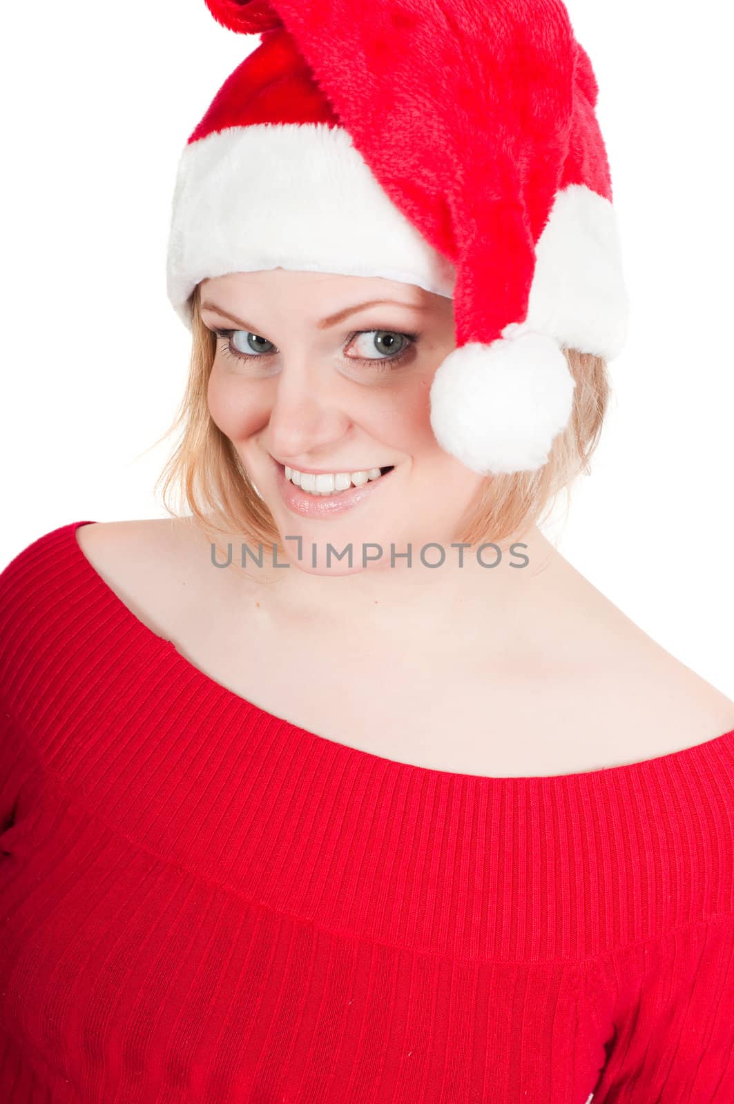 Portrait of beautiful woman santa isolated on white