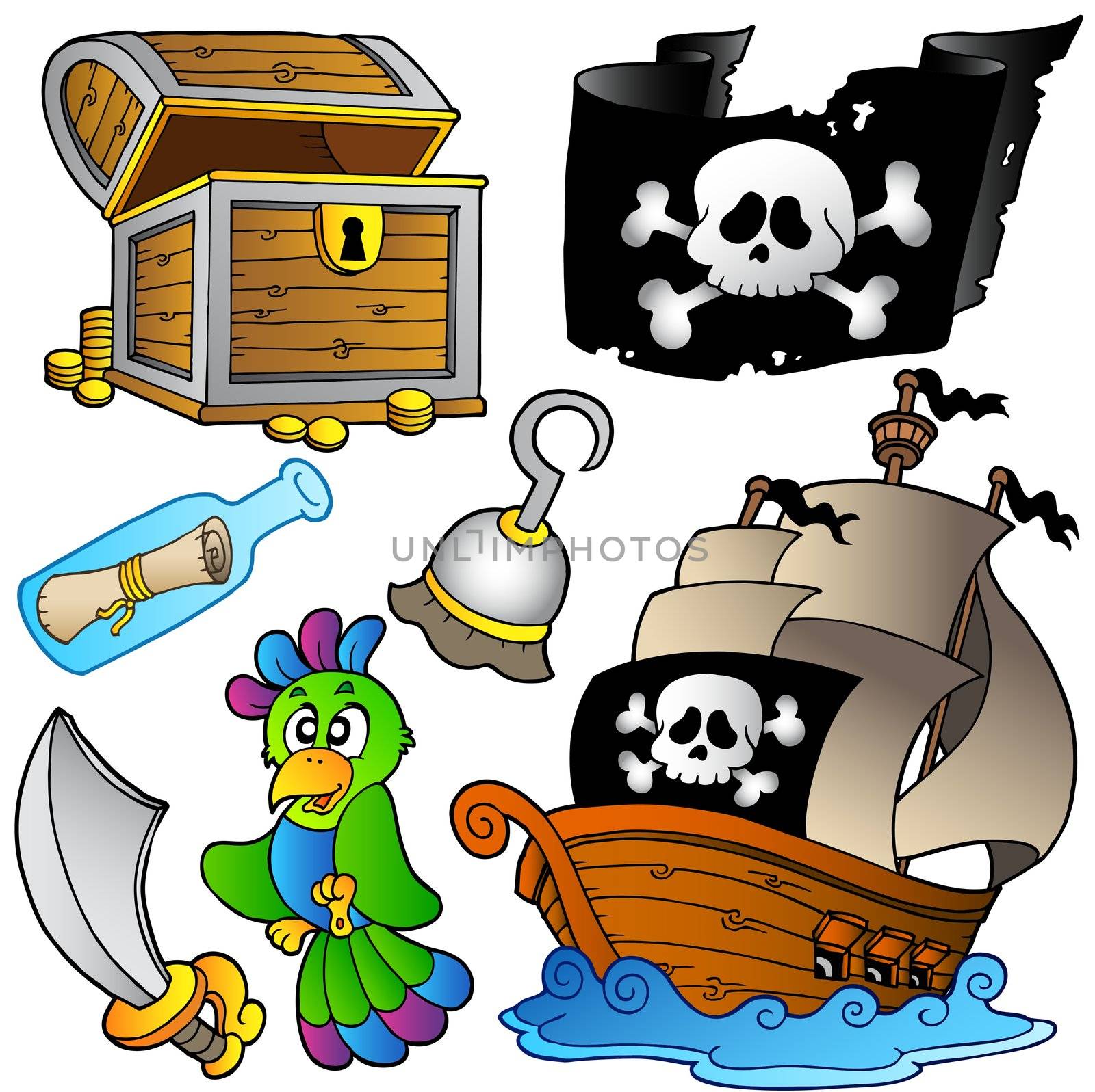 Pirate collection with wooden ship - vector illustration.