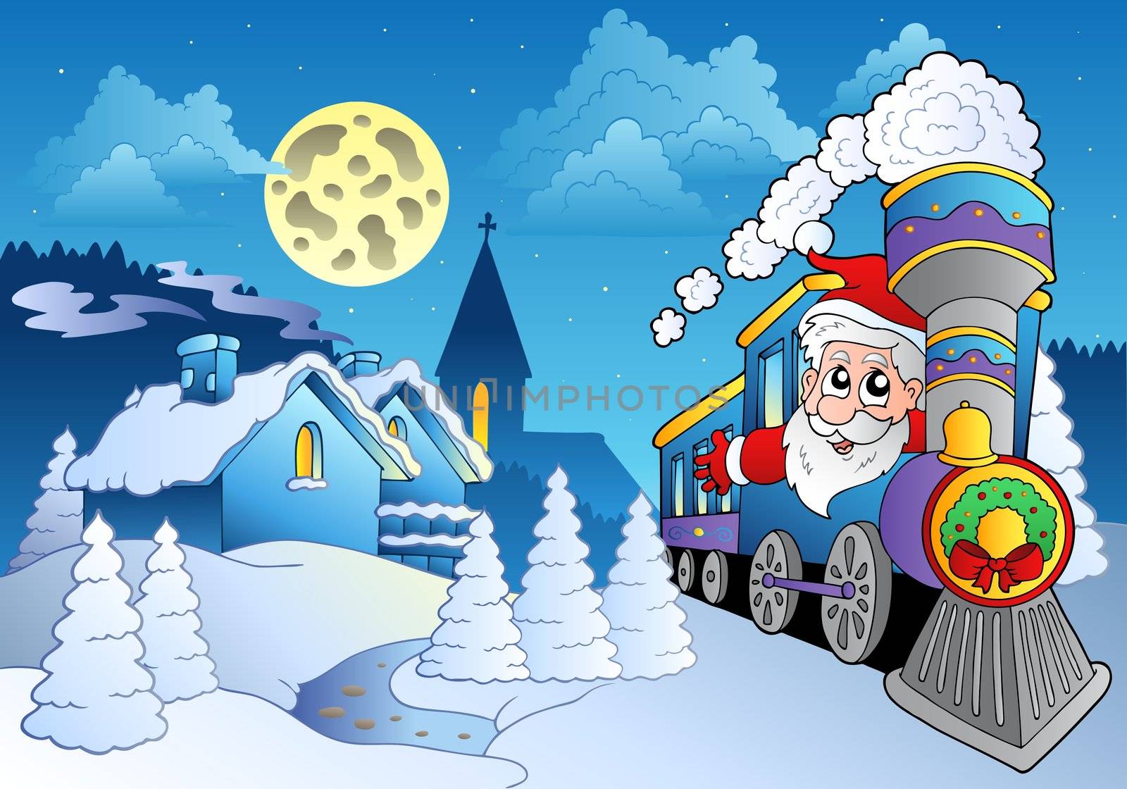 Santa on train near small village - vector illustration.
