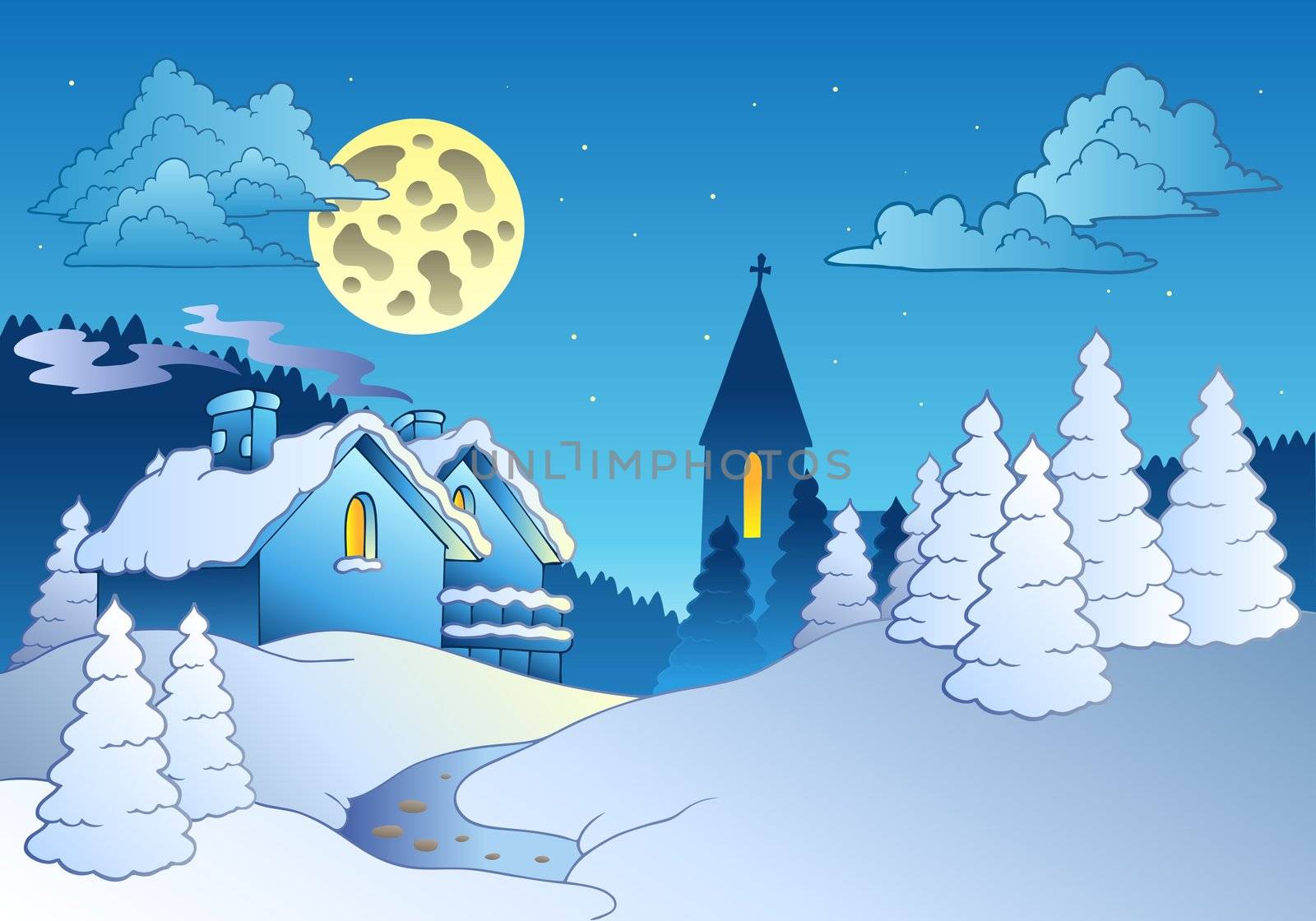 Small village in winter - vector illustration.