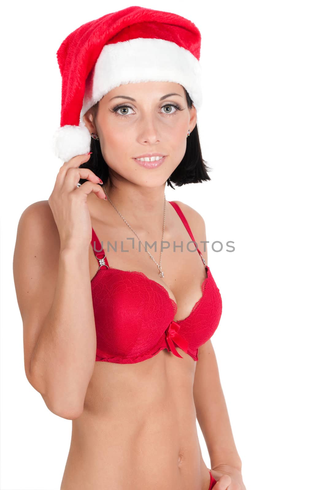 Portrait of beautiful woman in red santa hat by anytka