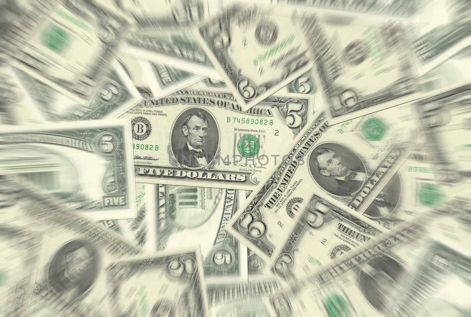 5 Dollar notes background texture - mingled pile - radial blur