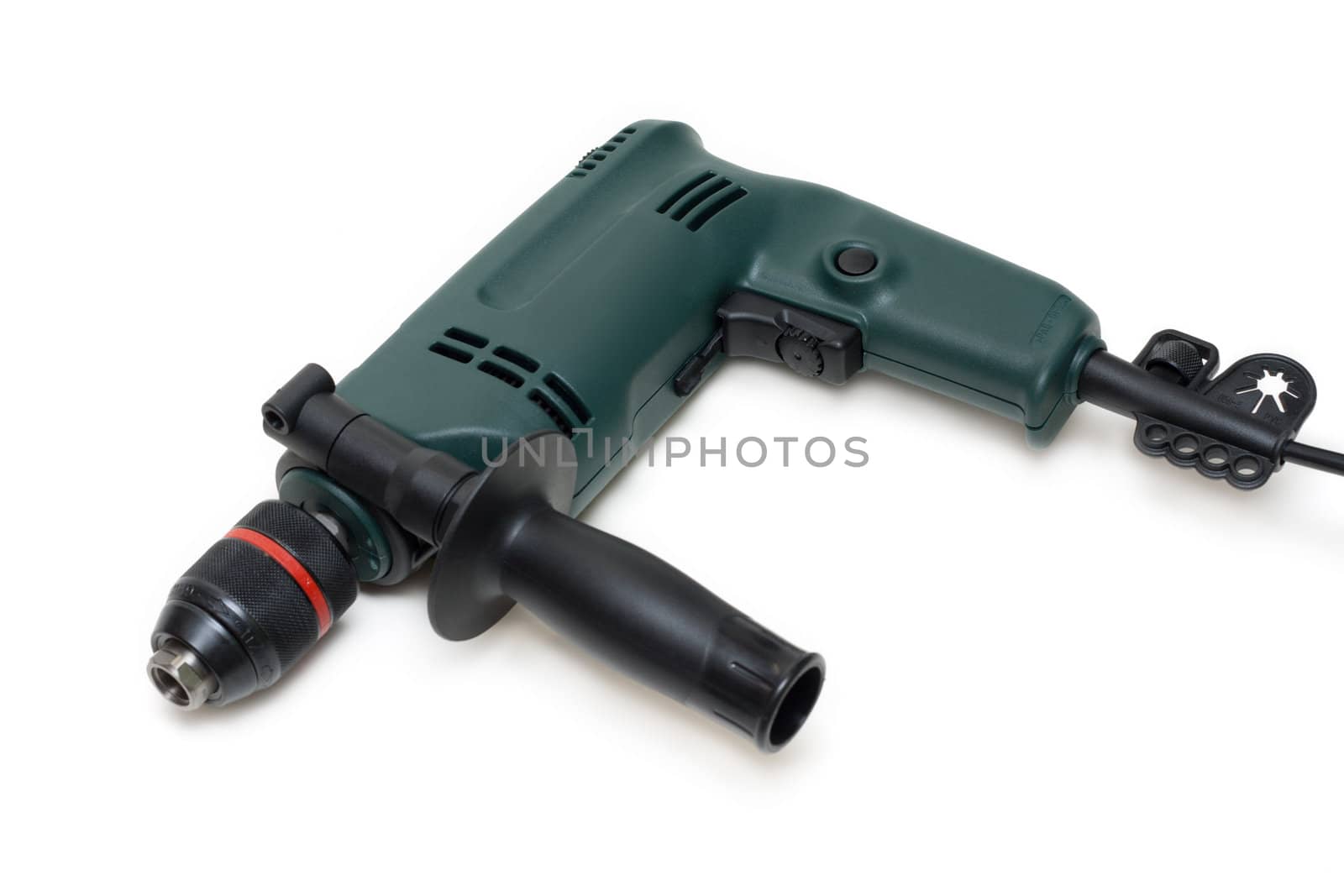Green electric drill with handle and electric wire insulated on white background