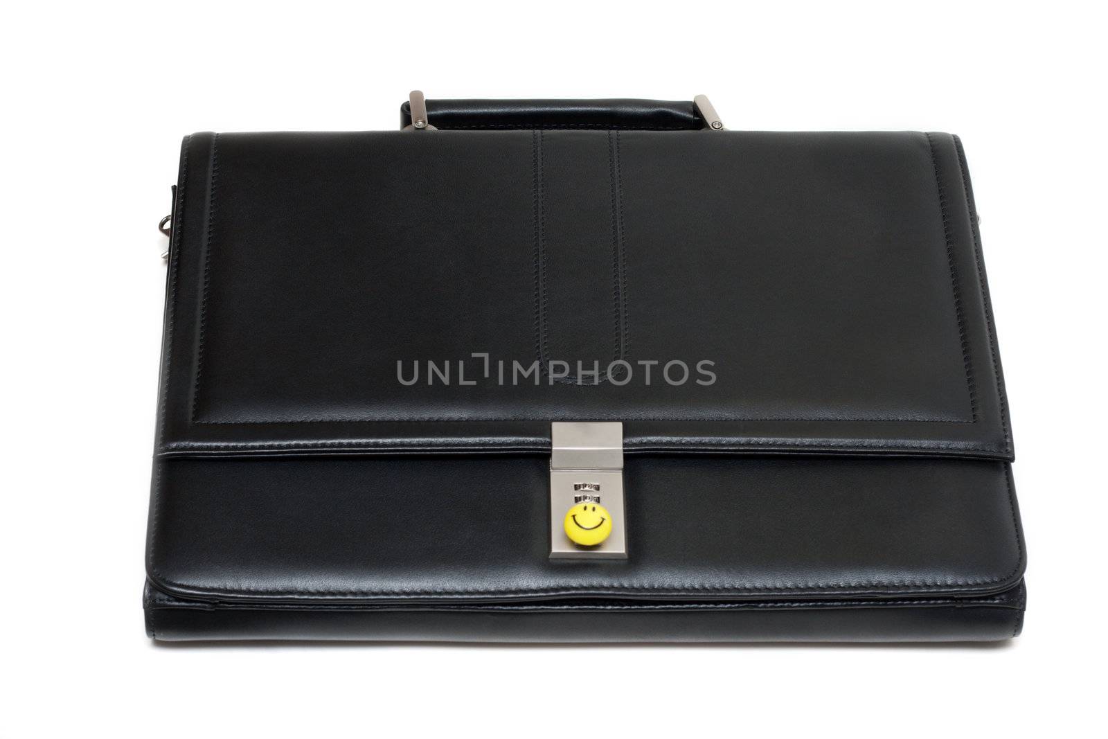 Black stylish leather briefcase with code lock and yellow smile