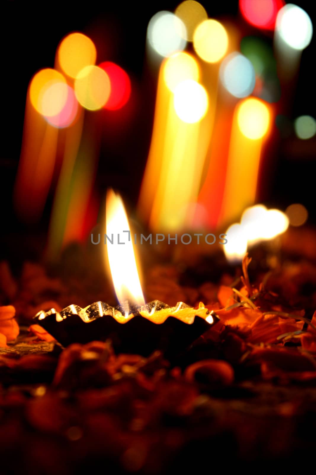 Beautiful lamps traditionally lit on the occassion of Diwali festival in India.