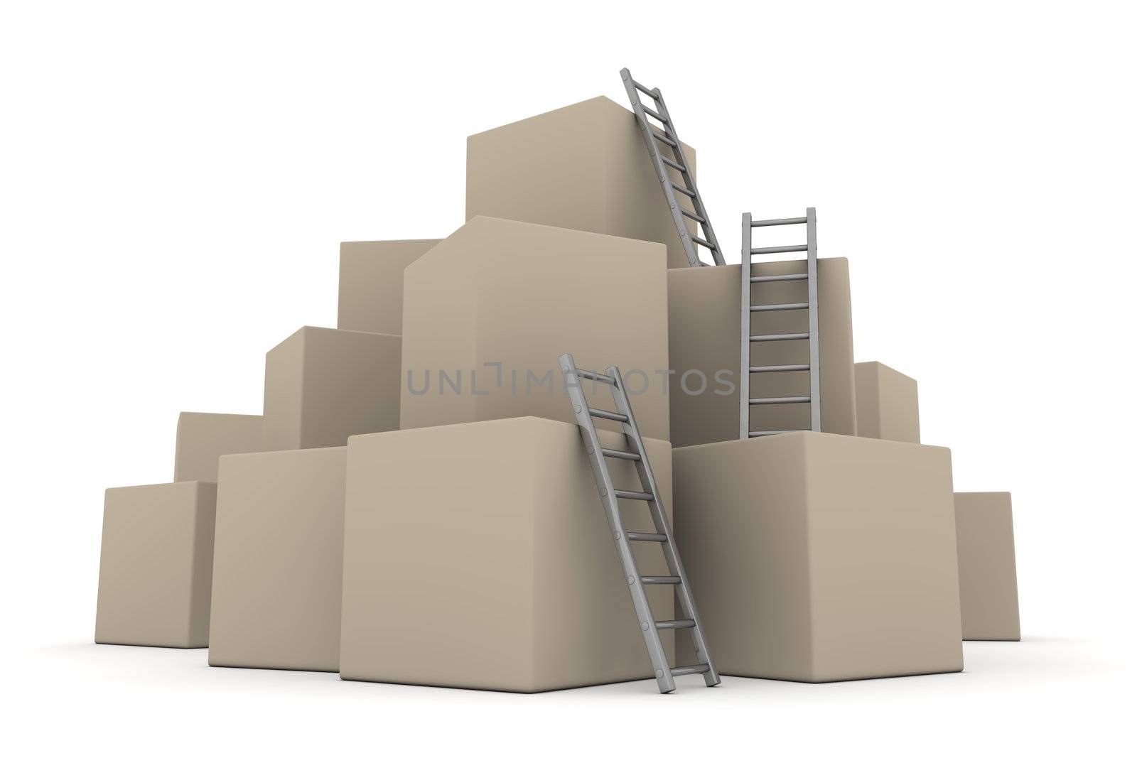 a pile of cardboard boxes - three grey glossy ladders are used to climb to the top