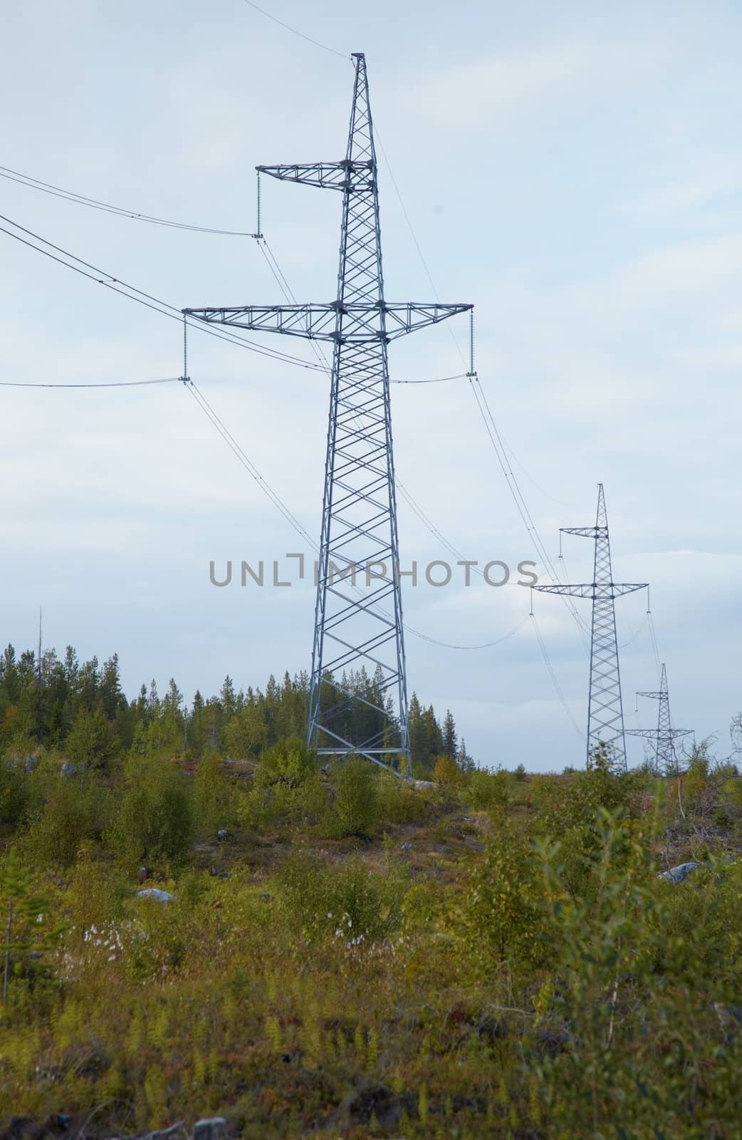 High-voltage line with metal support in northern wood
