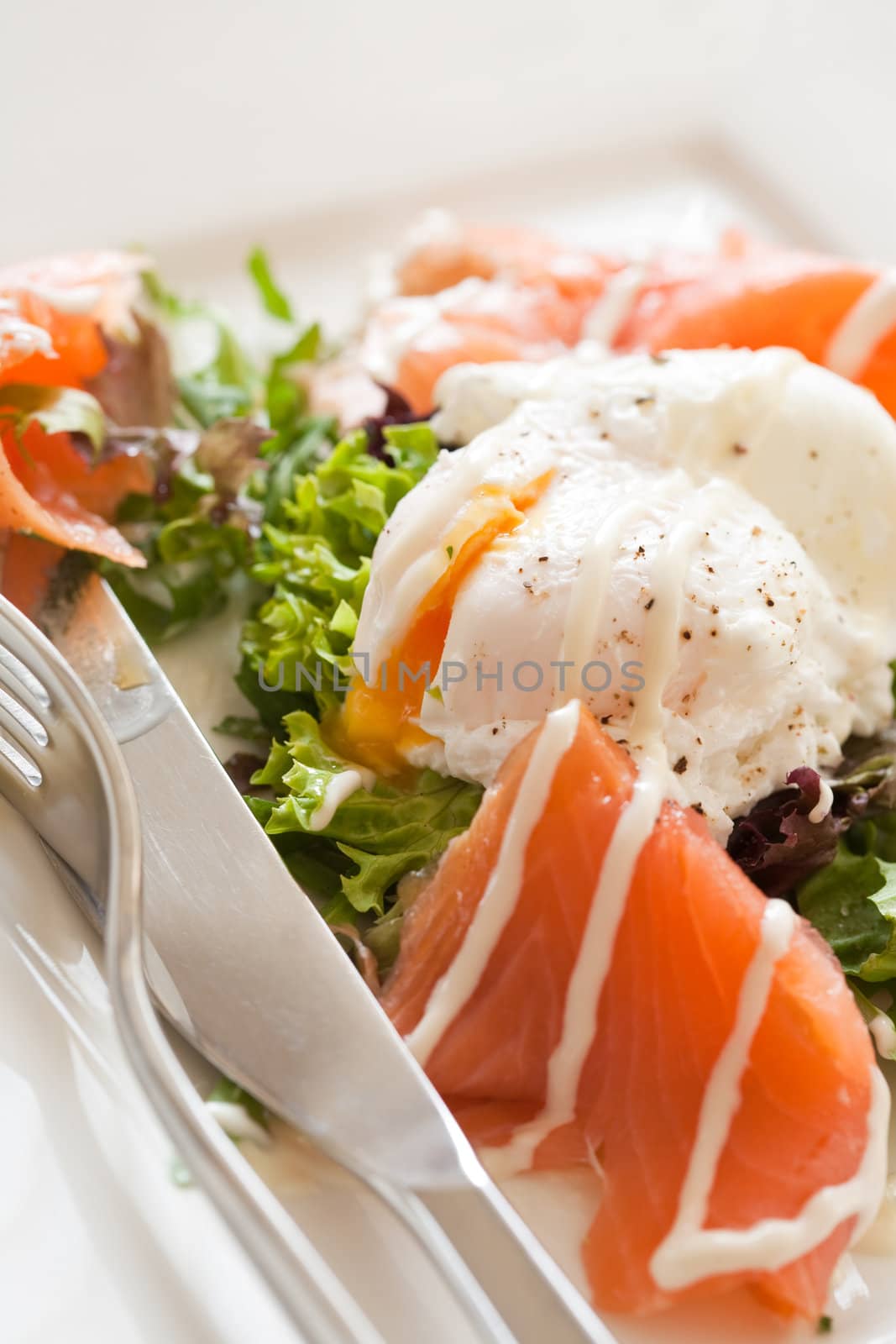 Appetizer with smoked salmon and a poached egg