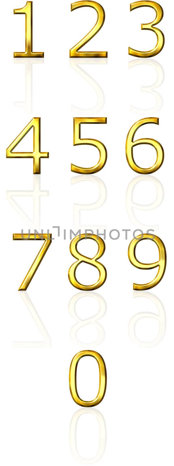 3d golden numbers with reflection isolated in white