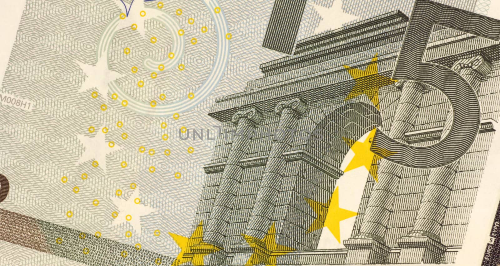 Uncirculated five euro banknote diagonal close up