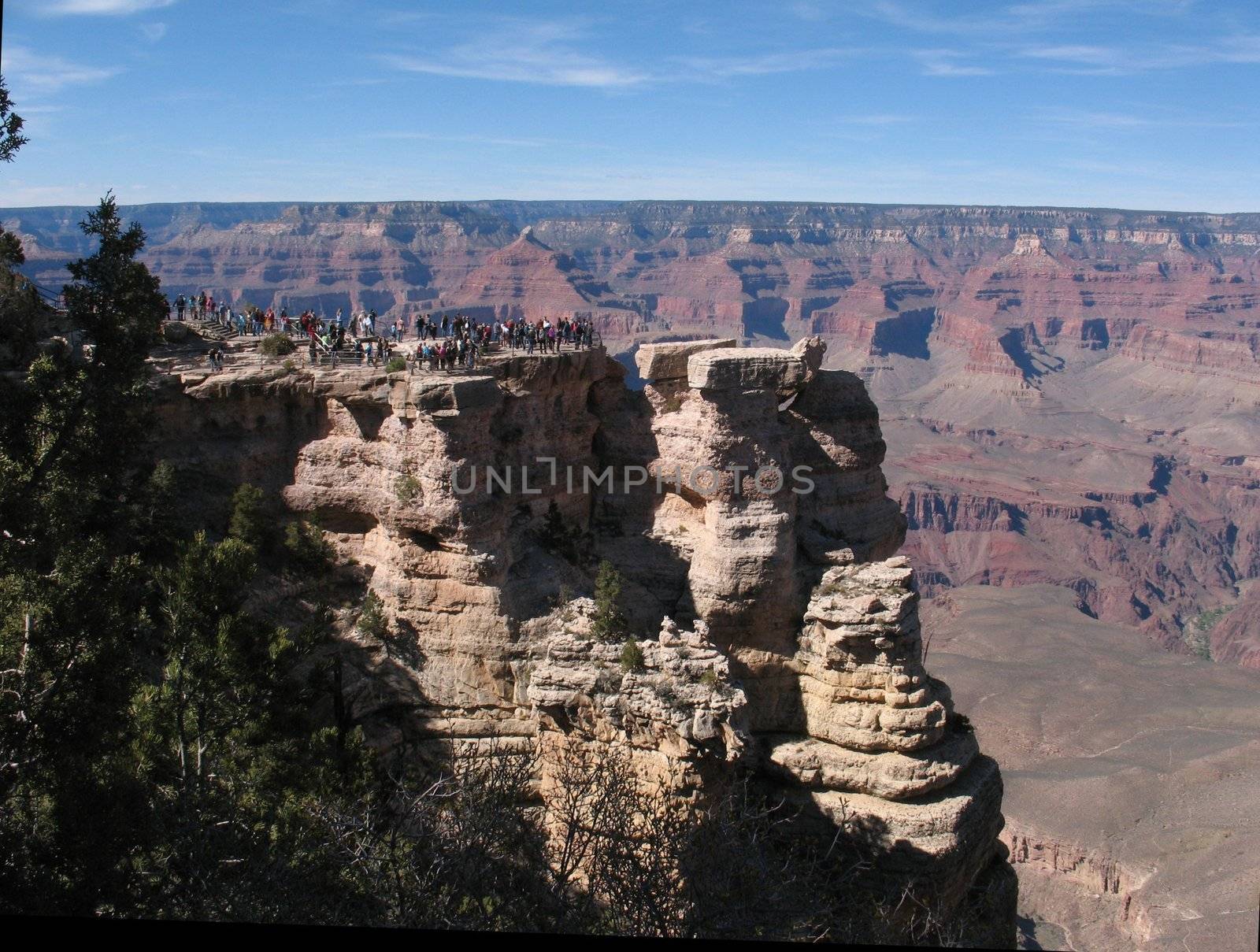 A panorama of the famous Grand Canyon, South Rim, on a beautiful day in April.