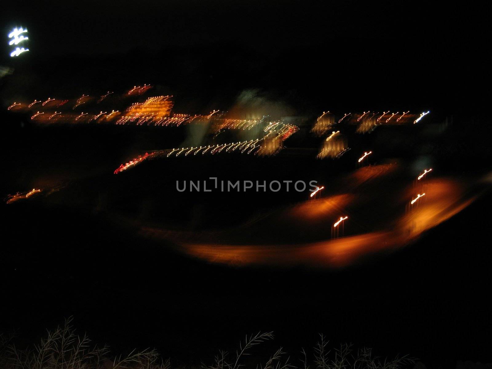An image of the lights of Las Vegas from outside the city, with grass leaves in the bottom foreground.