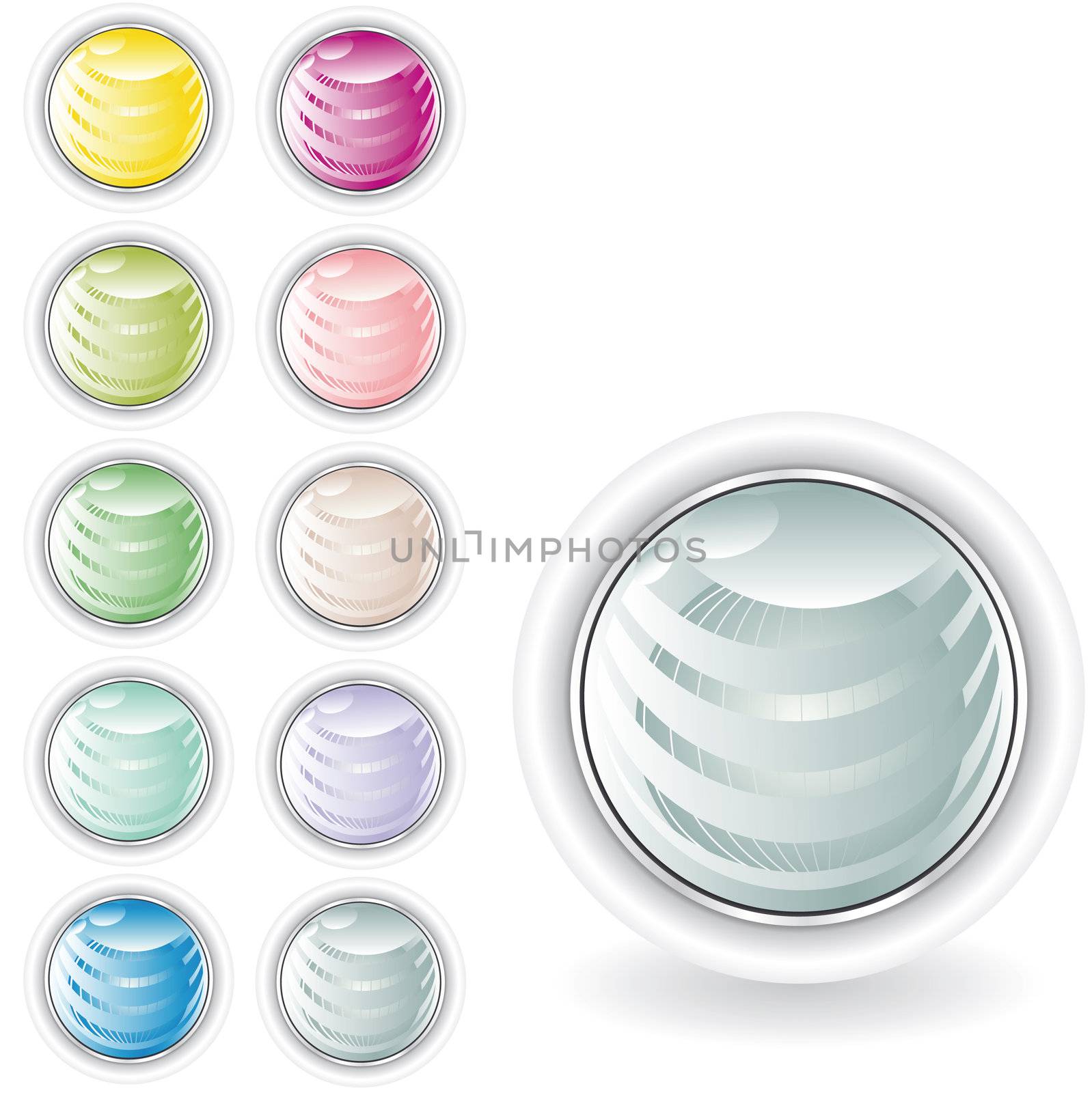 rounded web buttons in pastel tint with sphere inside and metal looking ring 
