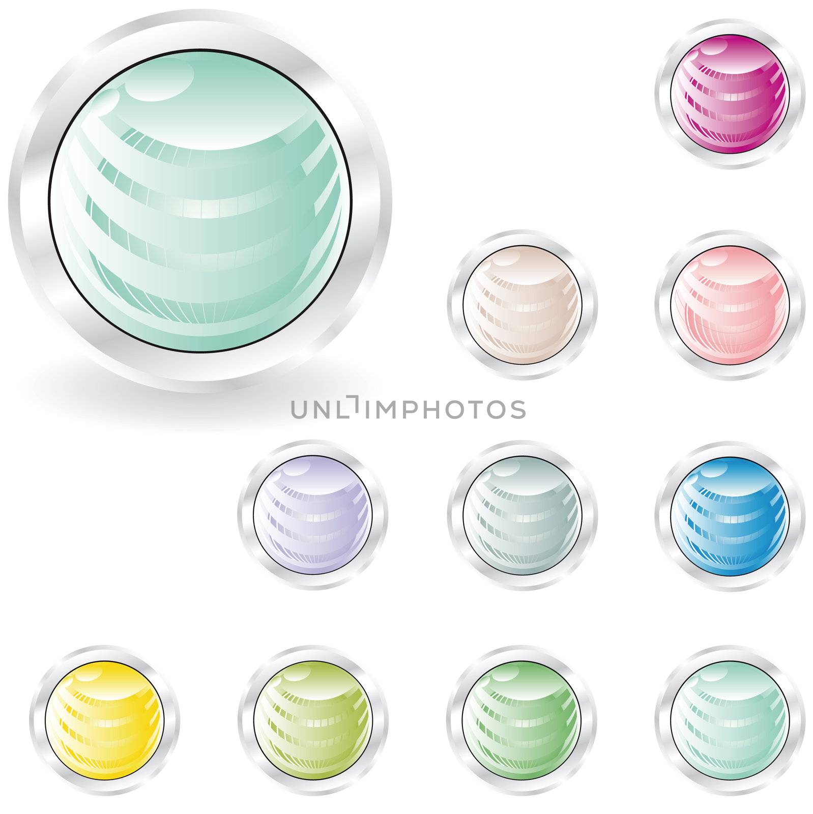 web buttons in pastel tint with sphere inside and metal looking ring 
