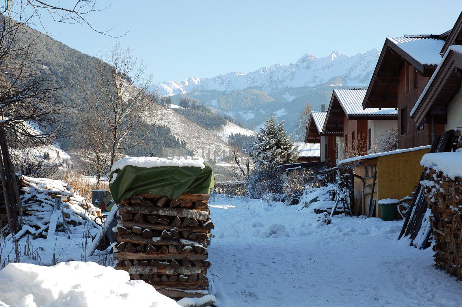 Pile of firewood in austrian village after the first snow.