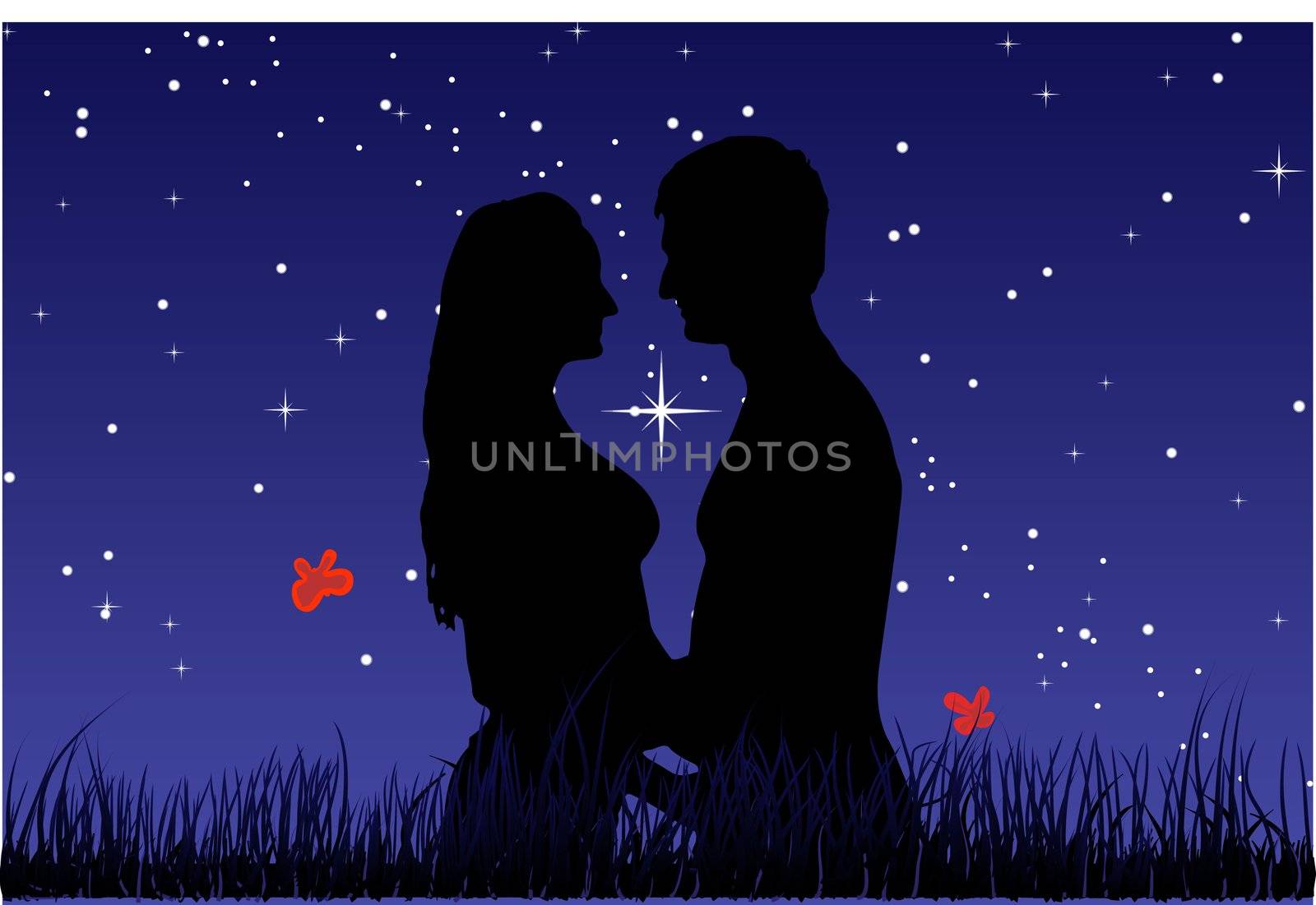 Kiss a guy with a girl in the grass against night sky . Vector.