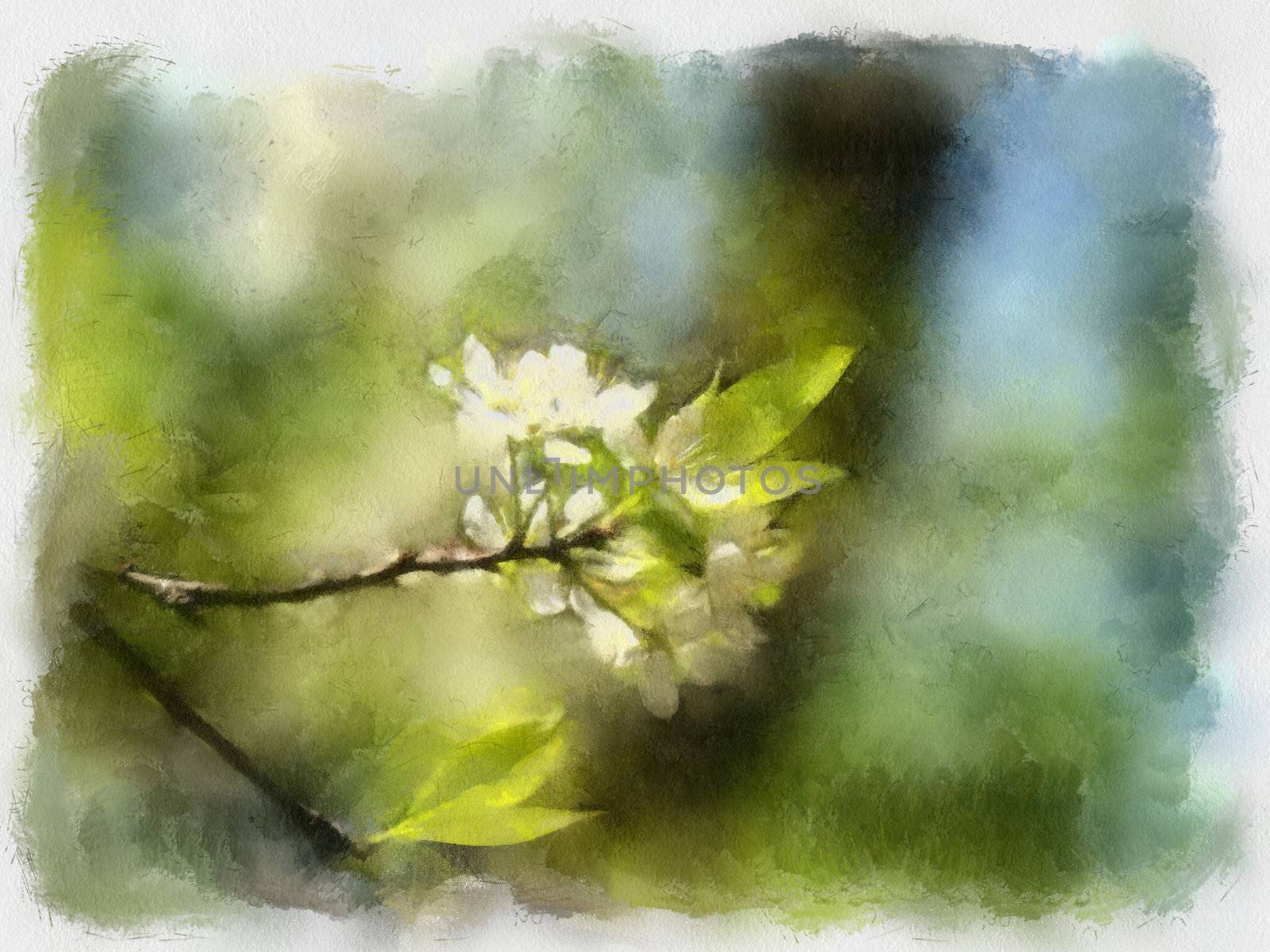 A watercolor picture of a branch of apple tree