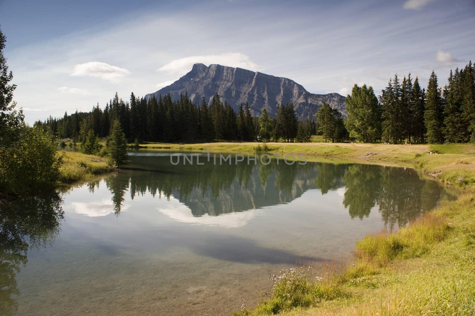 Cascade Pond in August in Banff National Park Canada with Canadian Rockies in the background