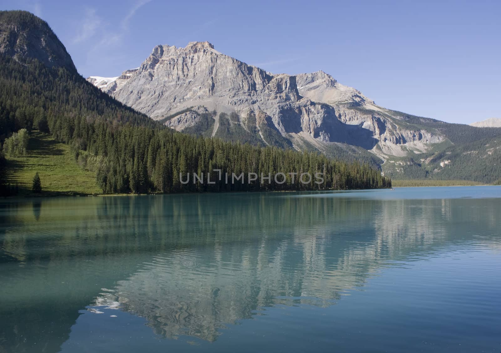 Emerald Lake in Yoho National Park with Rockies in the background