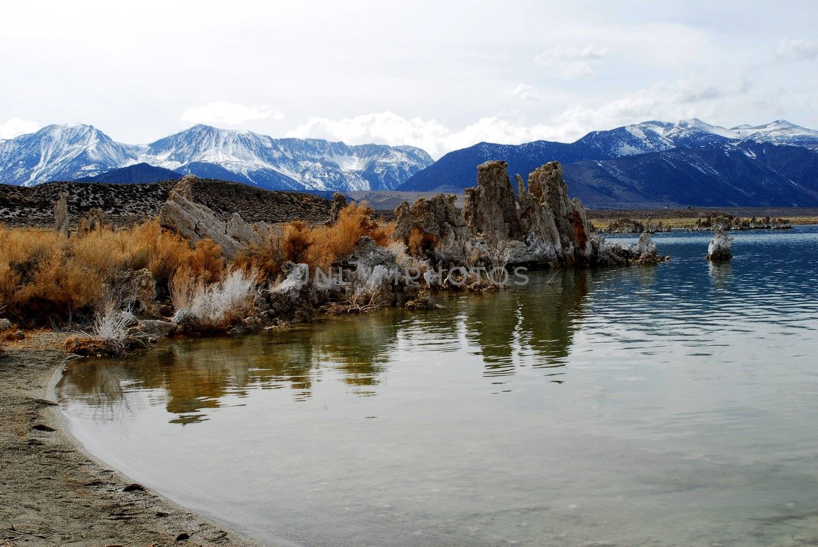 Tufas rocks made of calcium carbonate deposits at Mono Lake , California,USA