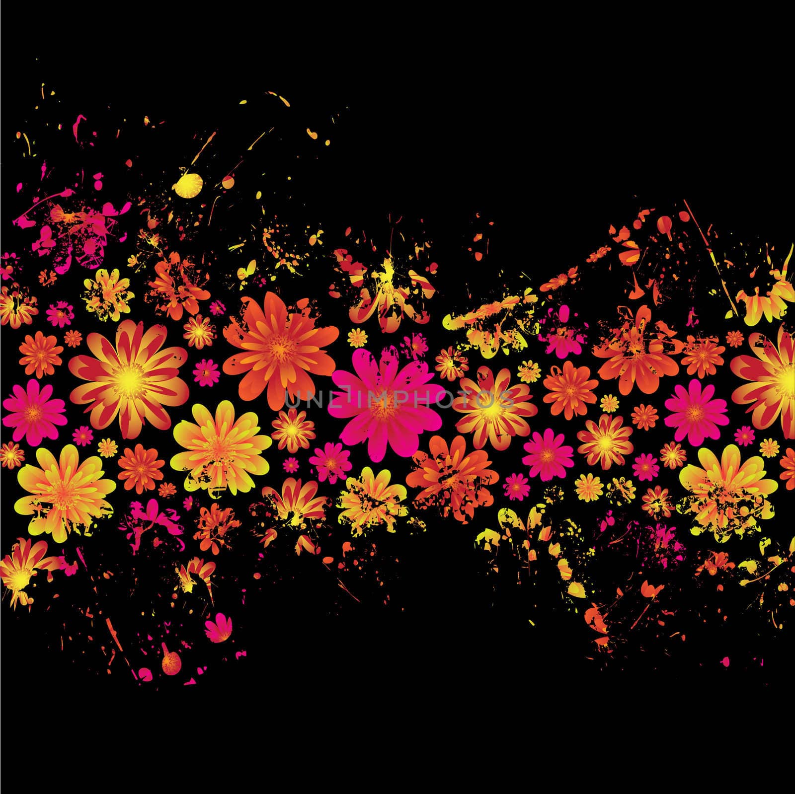 brightly colored floral ink splat design with black background